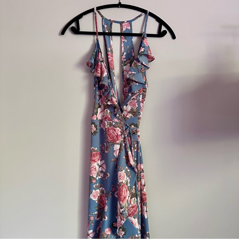 Pink and Blue Ruched High Low Dress with Plunge Neckline